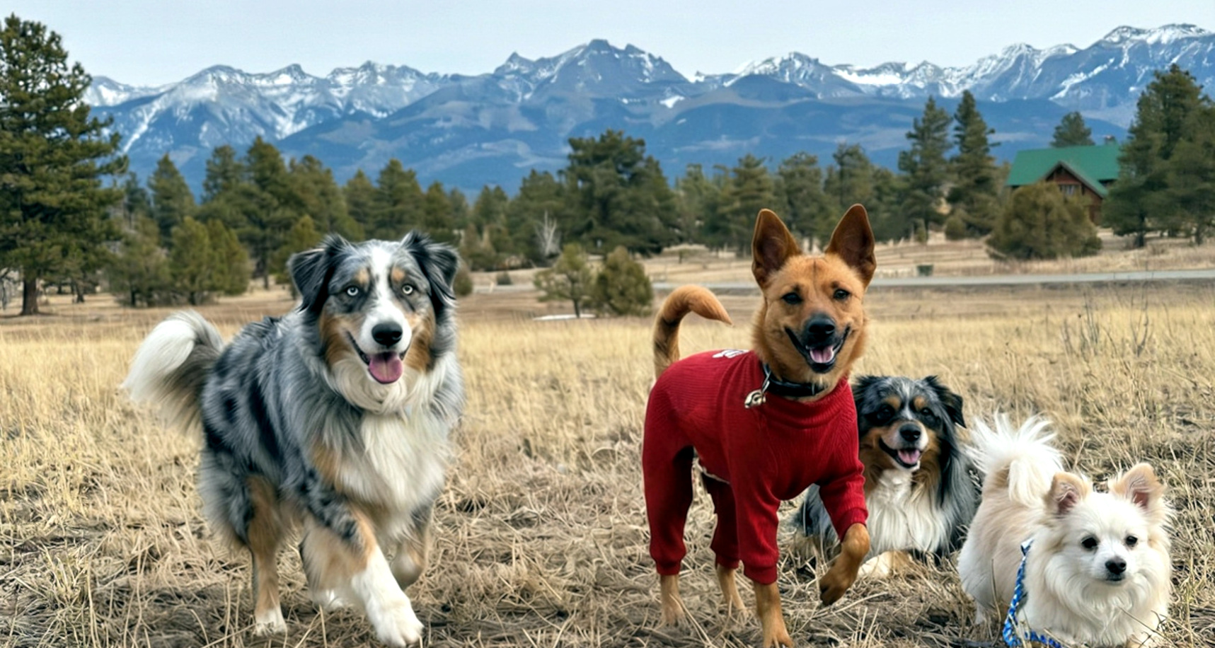 Illustration of dogs near cabin suites, a creek, fenced yards, and mountain acreage